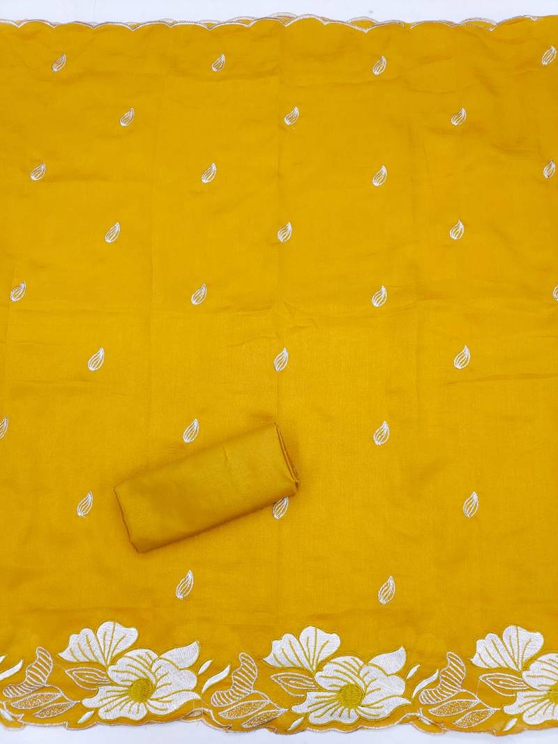 women's mustard unstitched vichitra silk dress material with embroidered dupatta