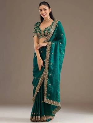 Fetching rama green tissue silk zari and sequins embroidered indian latest design ethnic saree 2