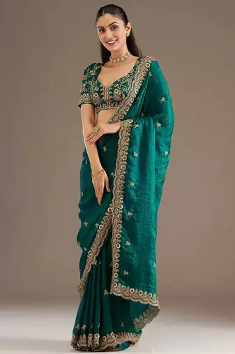 Fetching rama green tissue silk zari and sequins embroidered indian latest design ethnic saree