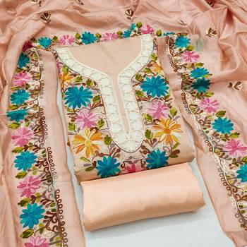 women's peach unstitched roman silk dress material with embroidered dupatta 3