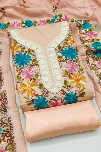 women's peach unstitched roman silk dress material with embroidered dupatta