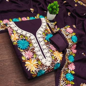 women's voilet unstitched roman silk dress material with embroidered dupatta 1