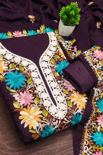 women's voilet unstitched roman silk dress material with embroidered dupatta