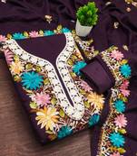 women's voilet unstitched roman silk dress material with embroidered dupatta