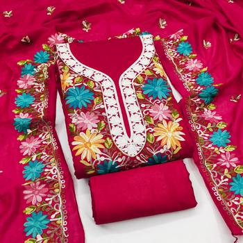 women's magenta unstitched roman silk dress material with embroidered dupatta 3