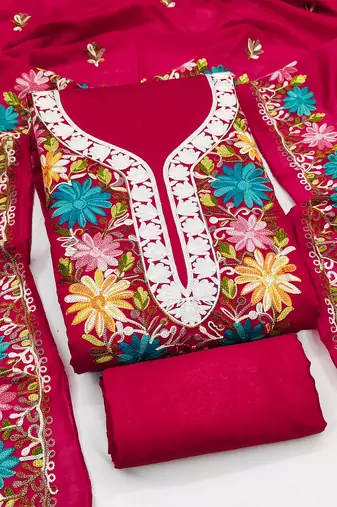 women's magenta unstitched roman silk dress material with embroidered dupatta