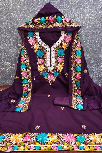 women's voilet unstitched roman silk dress material with embroidered dupatta