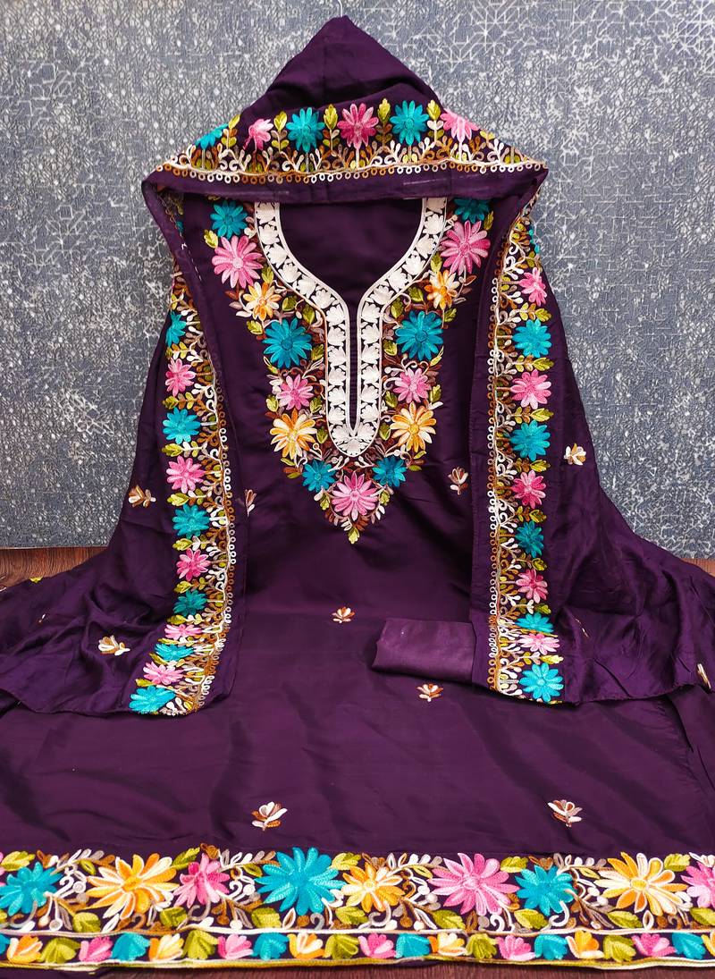 women's voilet unstitched roman silk dress material with embroidered dupatta