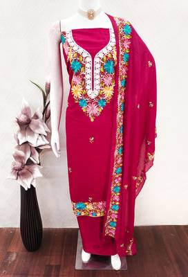 women's magenta unstitched roman silk dress material with embroidered dupatta 4