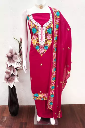women's magenta unstitched roman silk dress material with embroidered dupatta