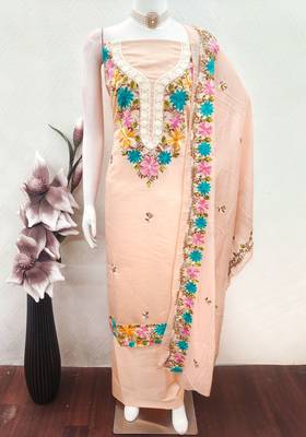 women's peach unstitched roman silk dress material with embroidered dupatta 4