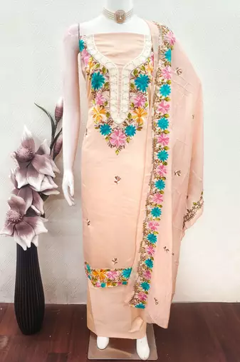 women's peach unstitched roman silk dress material with embroidered dupatta