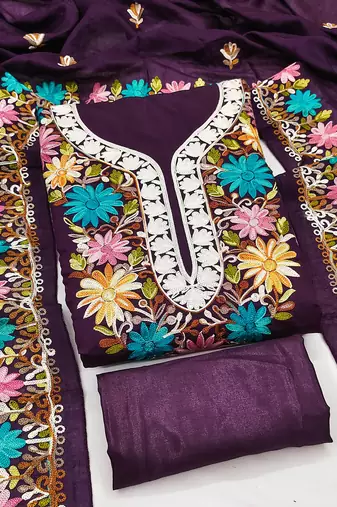 women's voilet unstitched roman silk dress material with embroidered dupatta