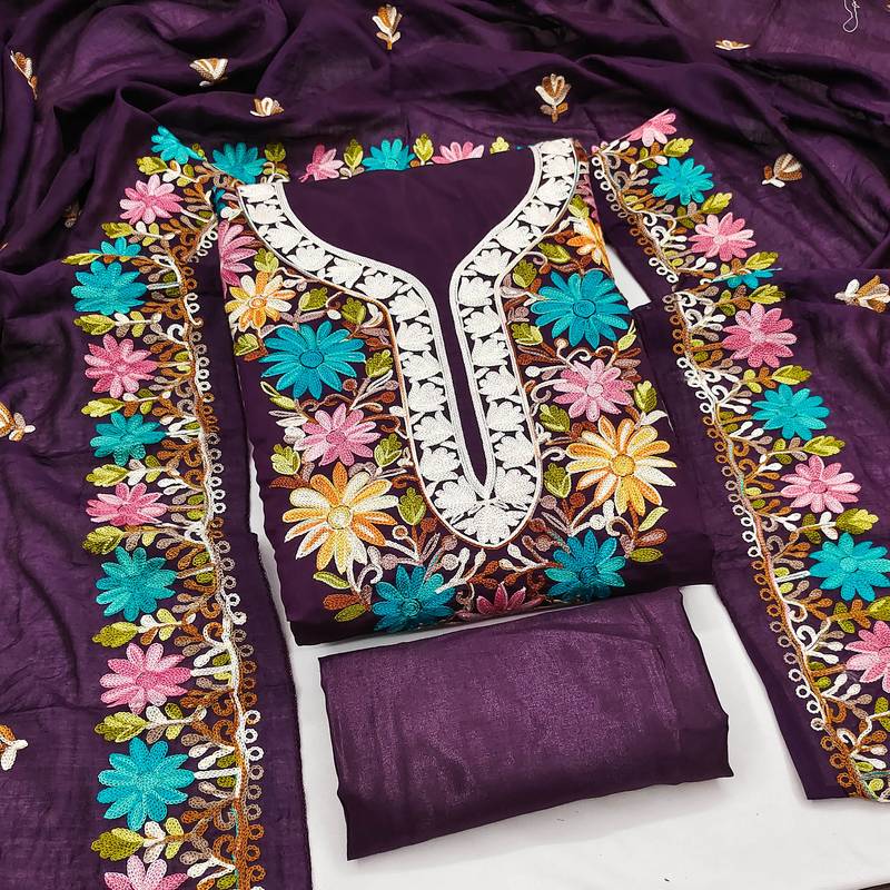 women's voilet unstitched roman silk dress material with embroidered dupatta