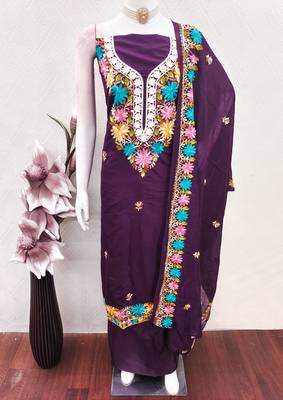women's voilet unstitched roman silk dress material with embroidered dupatta 4
