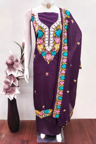 women's voilet unstitched roman silk dress material with embroidered dupatta