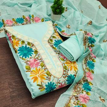 women's sea green unstitched roman silk dress material with embroidered dupatta 2