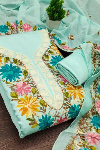 women's sea green unstitched roman silk dress material with embroidered dupatta