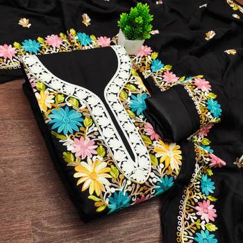 women's black unstitched roman silk dress material with embroidered dupatta 1
