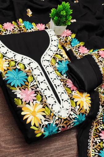 women's black unstitched roman silk dress material with embroidered dupatta