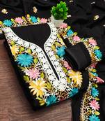 women's black unstitched roman silk dress material with embroidered dupatta