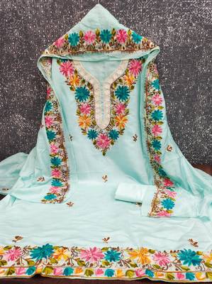 women's sea green unstitched roman silk dress material with embroidered dupatta 1