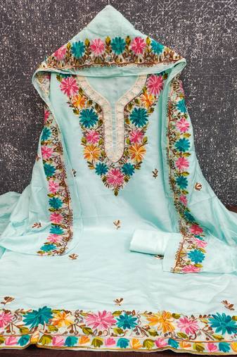 women's sea green unstitched roman silk dress material with embroidered dupatta