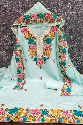 women's sea green unstitched roman silk dress material with embroidered dupatta