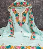 women's sea green unstitched roman silk dress material with embroidered dupatta