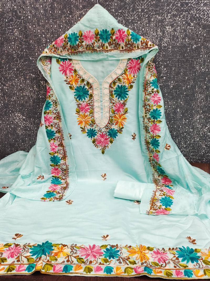 women's sea green unstitched roman silk dress material with embroidered dupatta