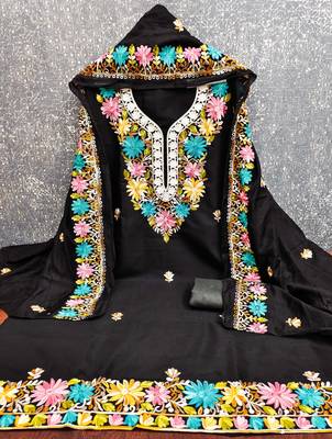 women's black unstitched roman silk dress material with embroidered dupatta 2
