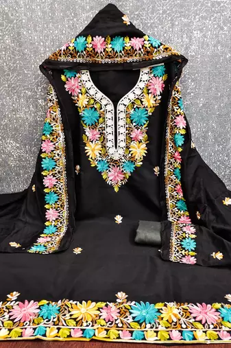women's black unstitched roman silk dress material with embroidered dupatta