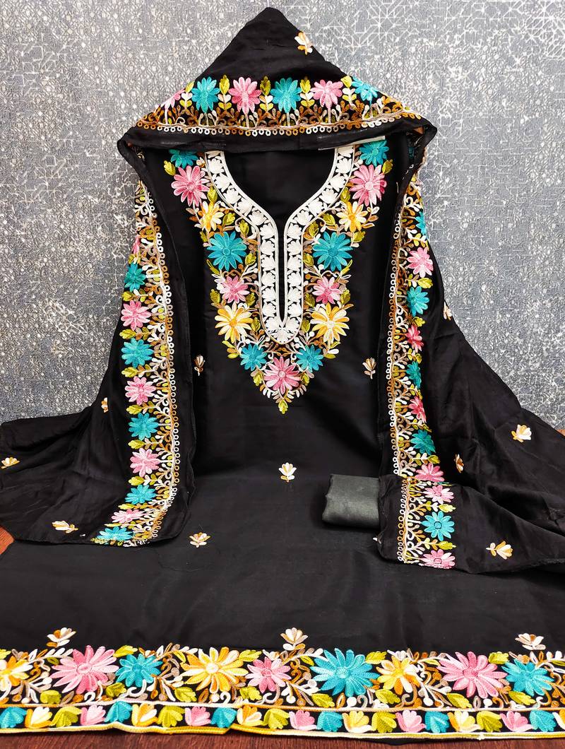 women's black unstitched roman silk dress material with embroidered dupatta
