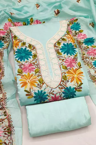 women's sea green unstitched roman silk dress material with embroidered dupatta
