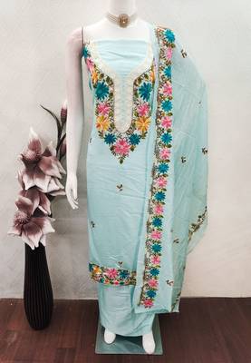 women's sea green unstitched roman silk dress material with embroidered dupatta 4