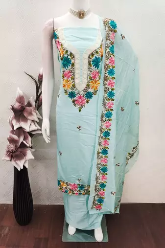 women's sea green unstitched roman silk dress material with embroidered dupatta