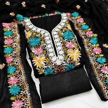 women's black unstitched roman silk dress material with embroidered dupatta 3