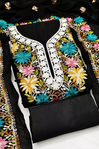 women's black unstitched roman silk dress material with embroidered dupatta