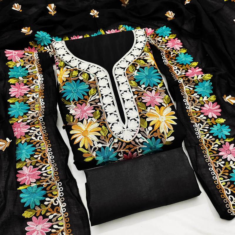 women's black unstitched roman silk dress material with embroidered dupatta