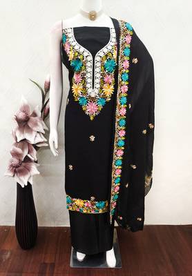 women's black unstitched roman silk dress material with embroidered dupatta 4