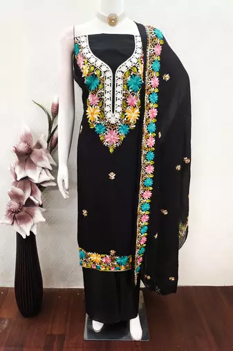 women's black unstitched roman silk dress material with embroidered dupatta