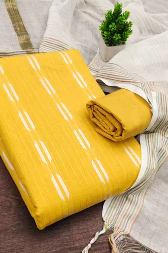 women's yellow unstitched cotton jacquard dress material with woven dupatta