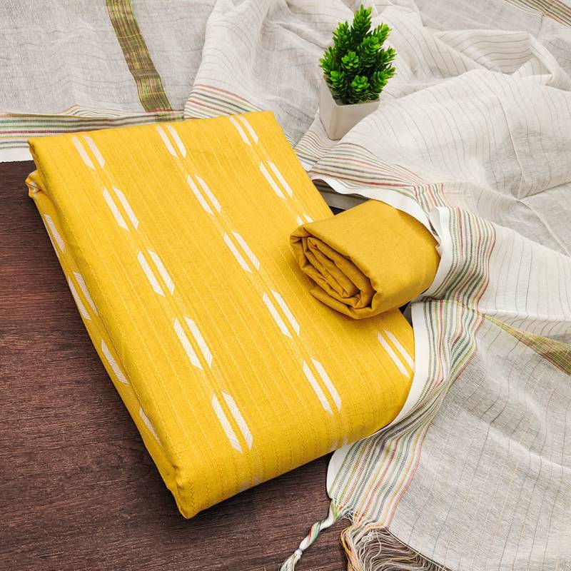 women's yellow unstitched cotton jacquard dress material with woven dupatta
