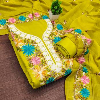 women's green unstitched roman silk dress material with embroidered dupatta 1
