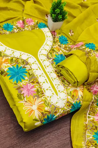 women's green unstitched roman silk dress material with embroidered dupatta