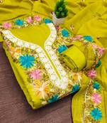 women's green unstitched roman silk dress material with embroidered dupatta