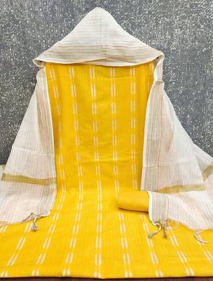 women's yellow unstitched cotton jacquard dress material with woven dupatta 2