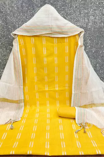 women's yellow unstitched cotton jacquard dress material with woven dupatta