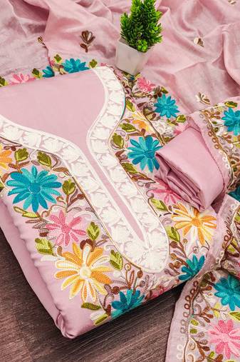 women's baby pink unstitched roman silk dress material with embroidered dupatta