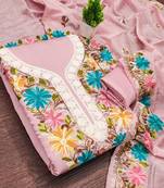 women's baby pink unstitched roman silk dress material with embroidered dupatta